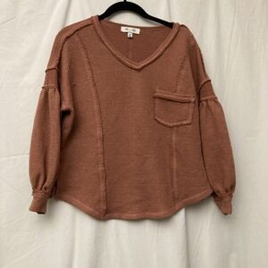 She + Sky‎ Women's Terra Cotta Raw Edge Pocket V-Neck Long Sleeve Sweater - SZ S